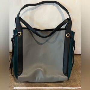 Coach Gray and Teal Leather Tote with Black Trim